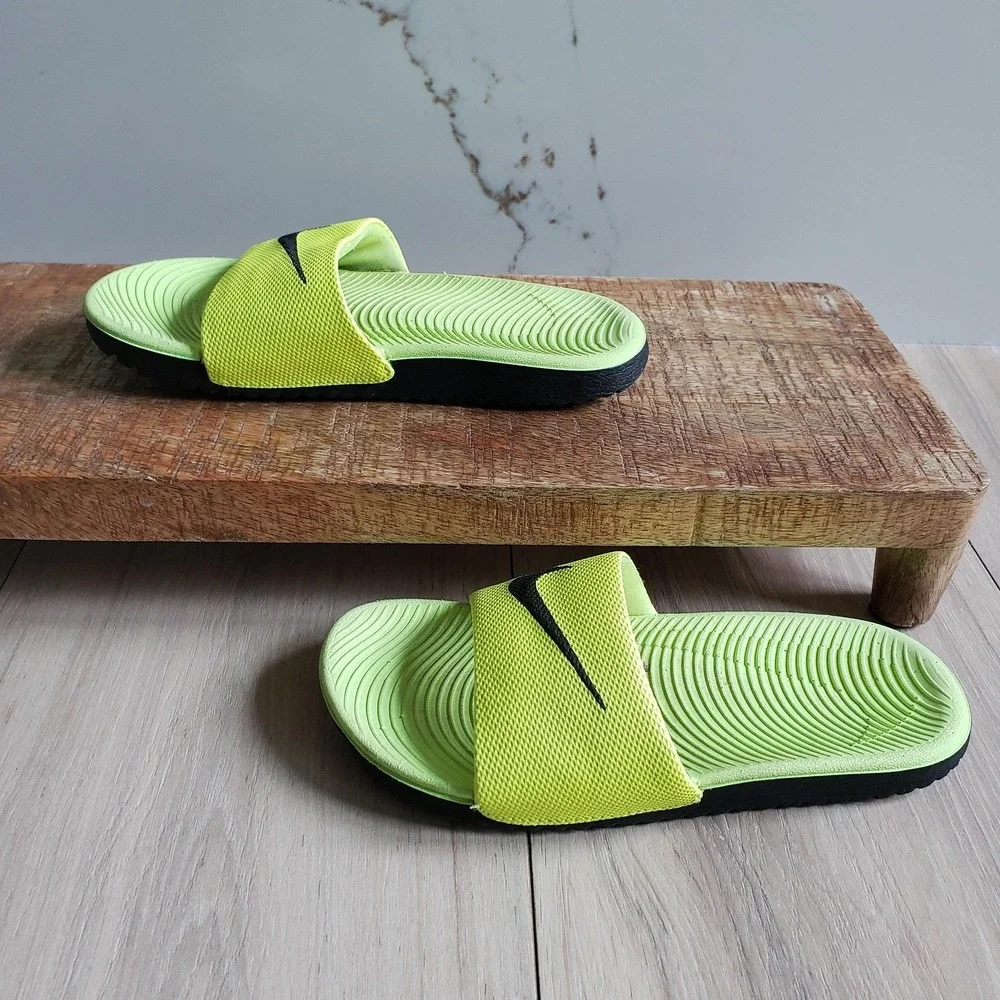 Nike Kids Kawa Slide Slides Vol 13C Green Black Logo Cushioned Pool Summer Shoes